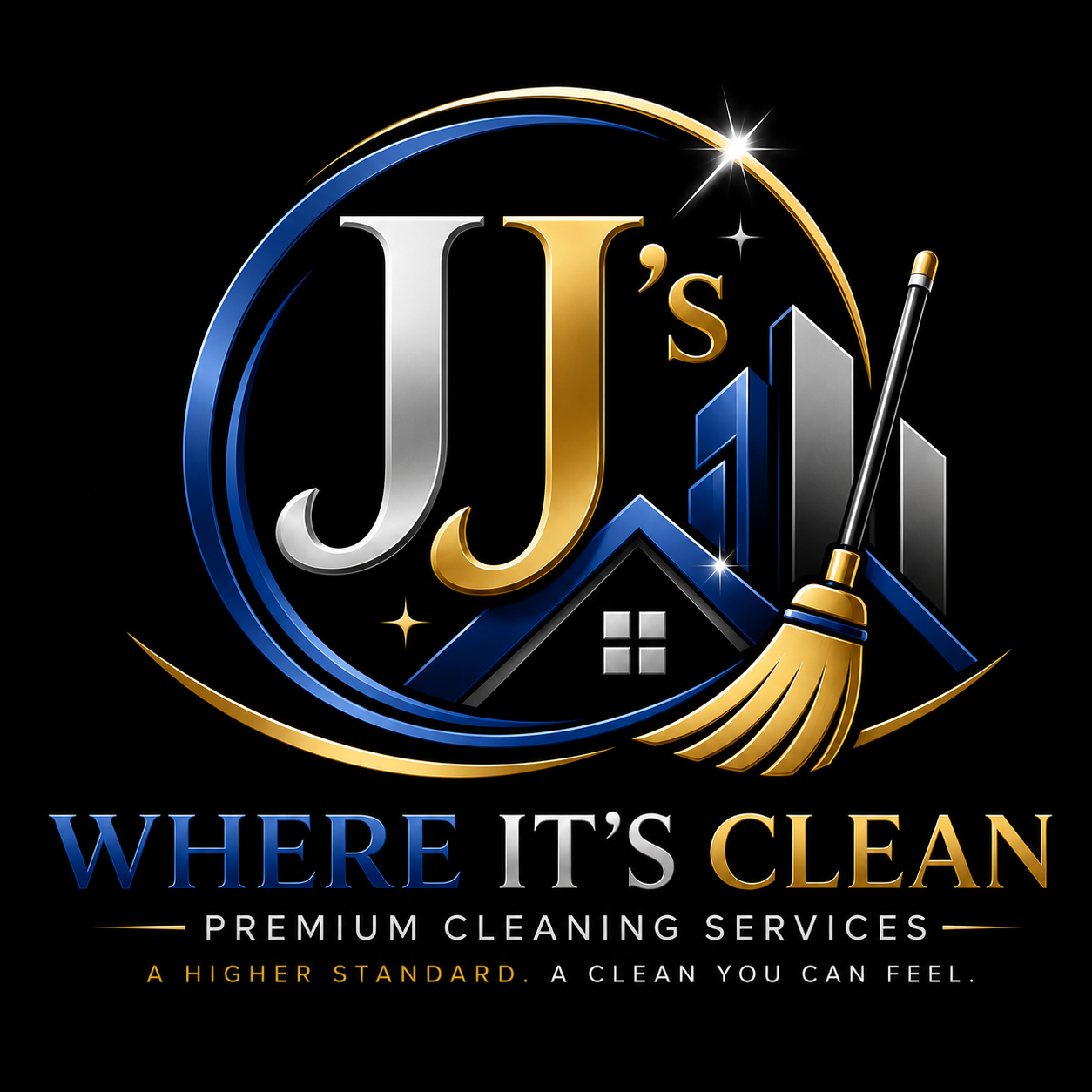 Logo for J's Where It's Clean, a premium cleaning service featuring a gold and blue color scheme, house and cleaning iconography, and tagline 'A higher standard. A clean you can feel.'