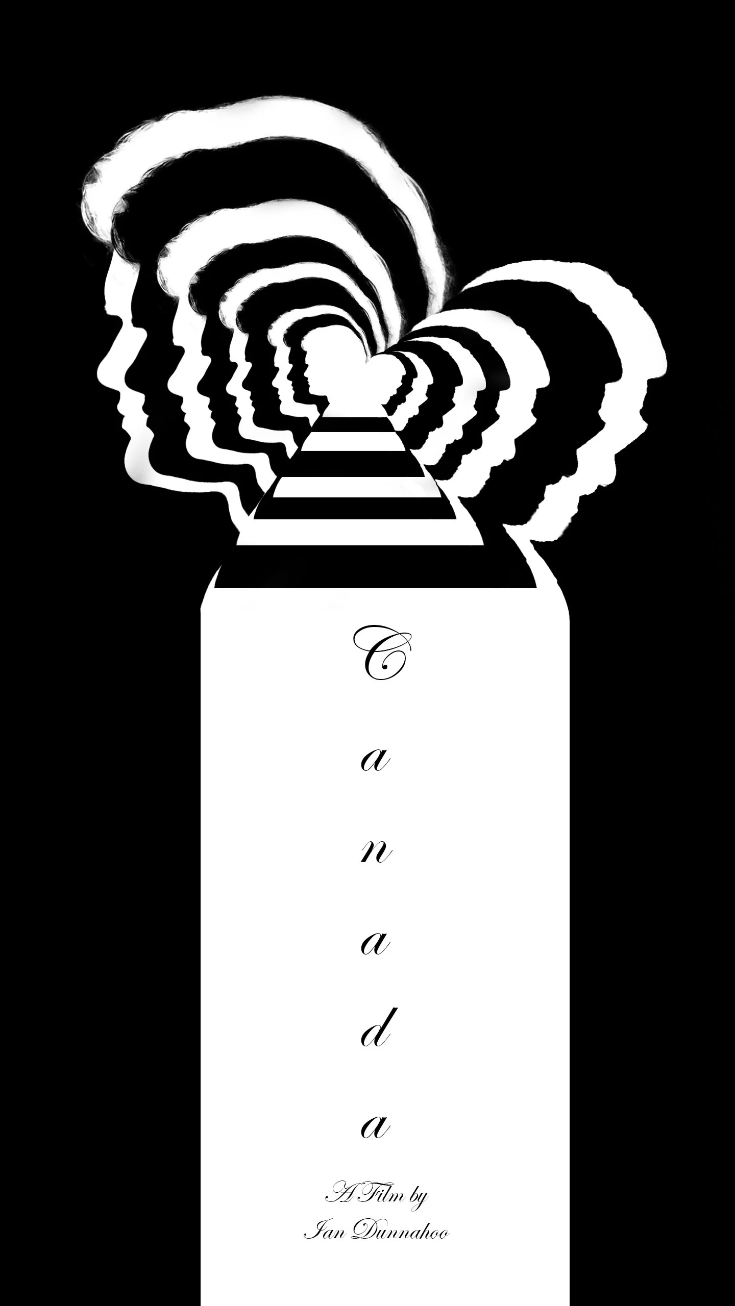 Black and white stylized image with a series of human profiles in a spiral, creating an optical illusion, with the word "fantasia" vertically in the center, and text "A film by Jan Dunnahoo" at the bottom.