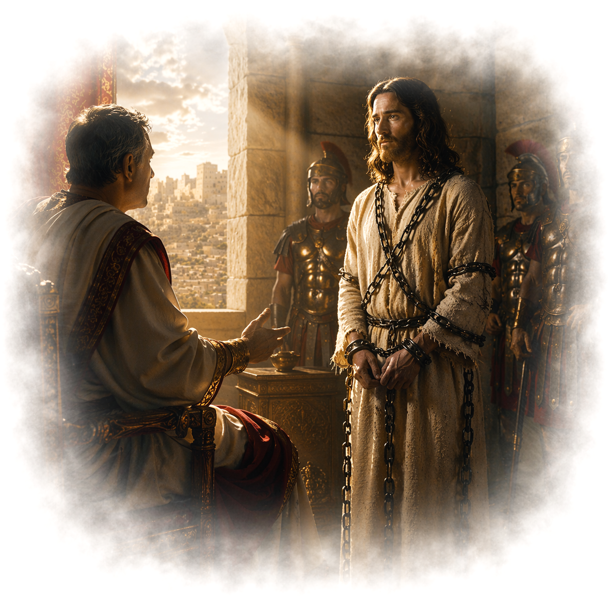 Scene depicting two men in conversation, with soldiers in armor standing nearby, set against an ancient cityscape with sunlight.