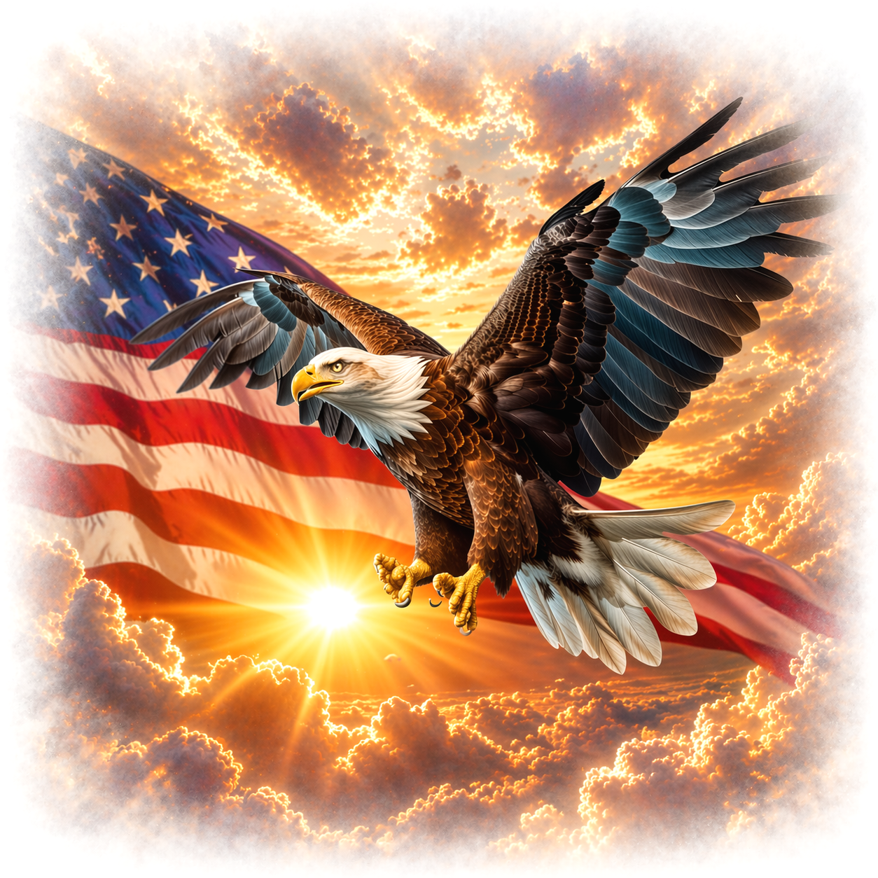 An American flag waving in the sky with a bald eagle flying in front of it during sunset.
