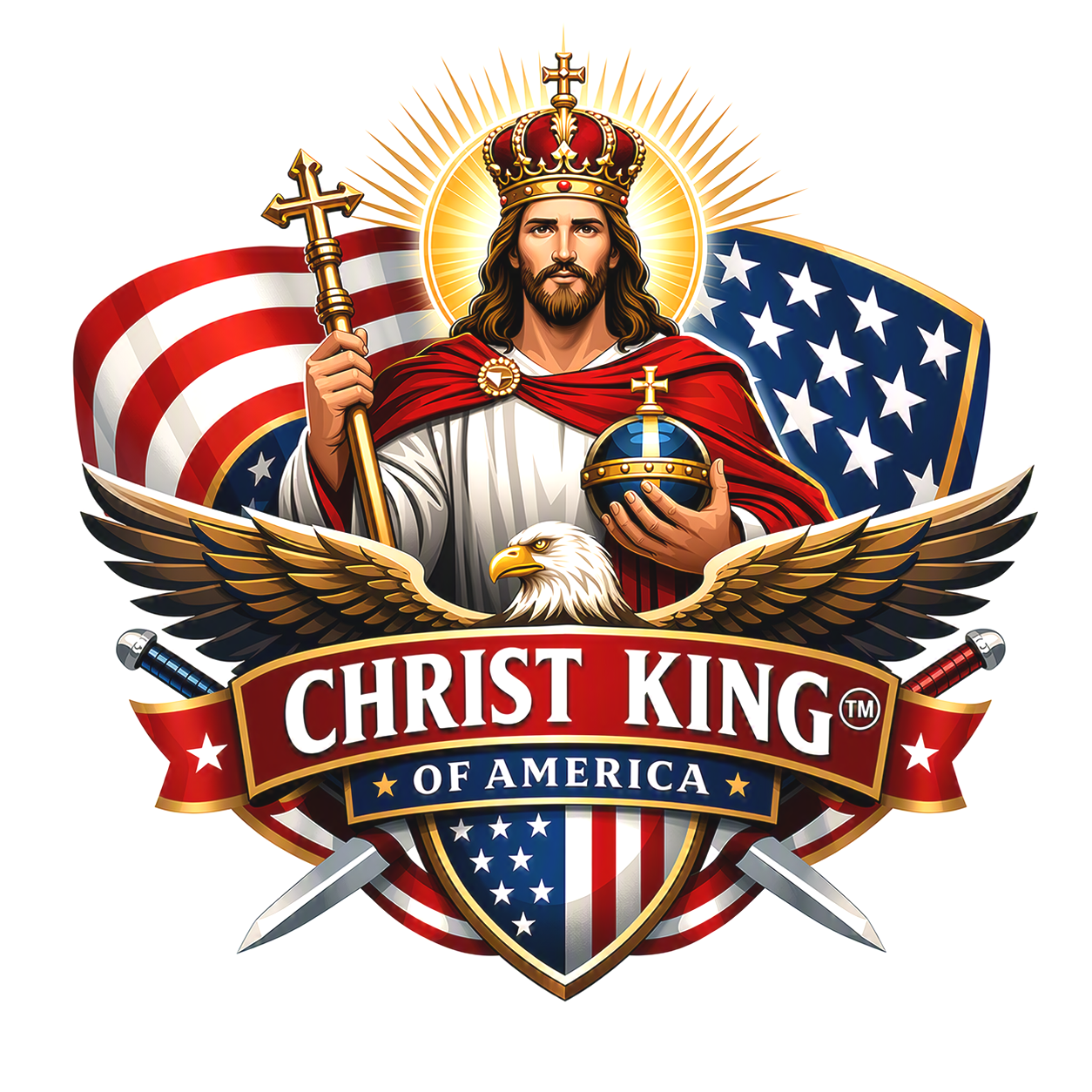 A digital illustration of Jesus Christ wearing a crown and red cape, holding a globe with a cross on top, with American flag elements and a shield with stars. An eagle with outstretched wings is beneath Jesus. A banner reads 'Christ King of America' with crossed swords on either side.