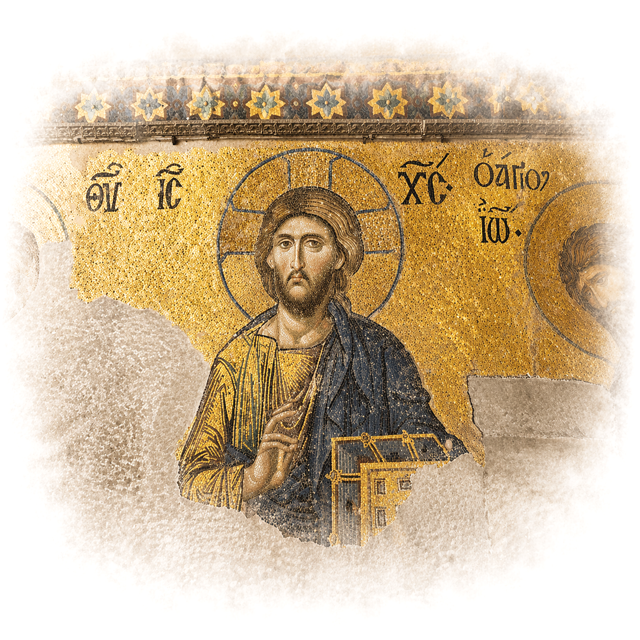 A religious mosaic depicting Jesus Christ with a halo, holding a book and raising his right hand in a blessing gesture, with Greek inscriptions around his head.