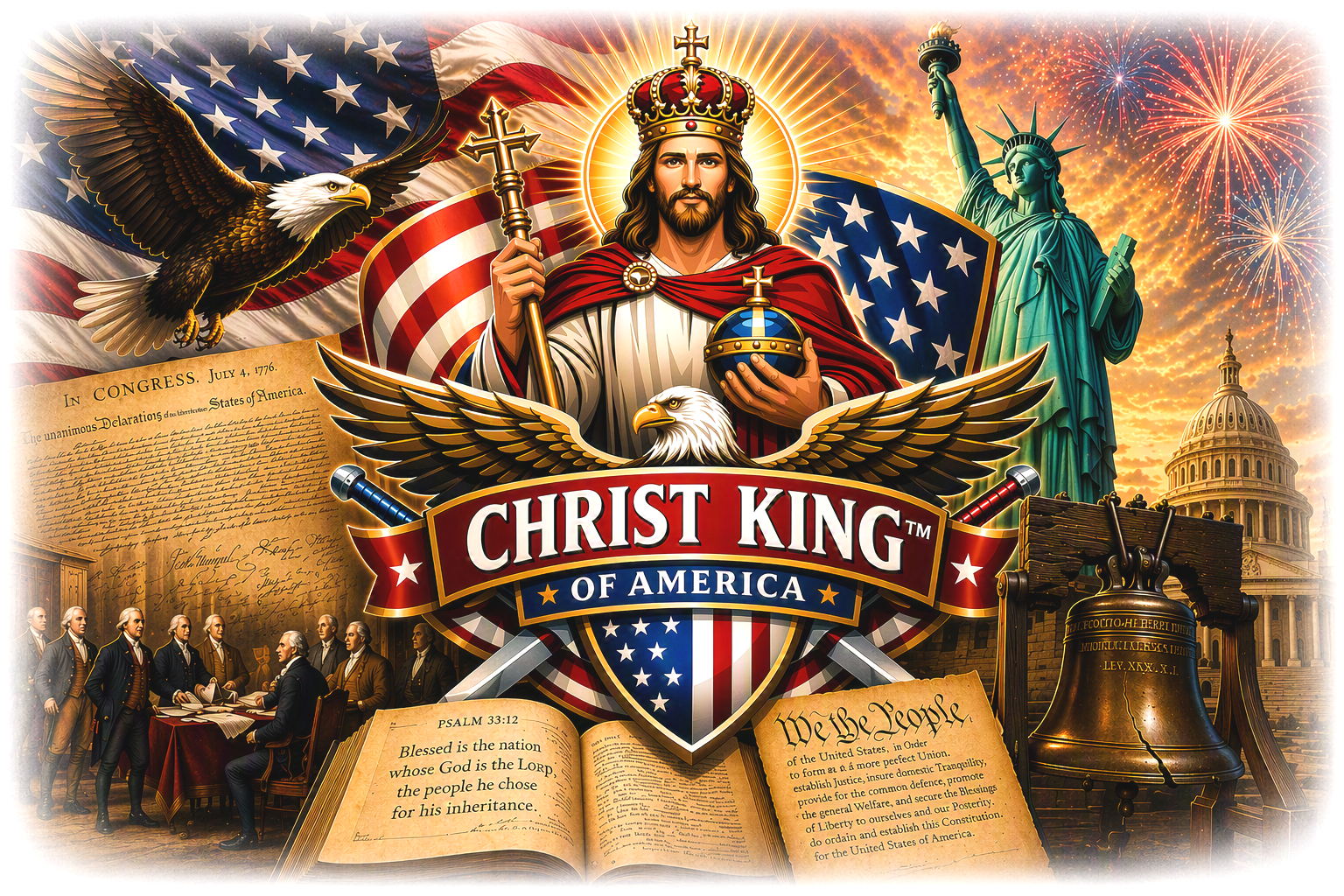 Artistic depiction of Christ King of America with American flags, the Statue of Liberty, the U.S. Capitol building, a group of founding fathers, and fireworks in the background.