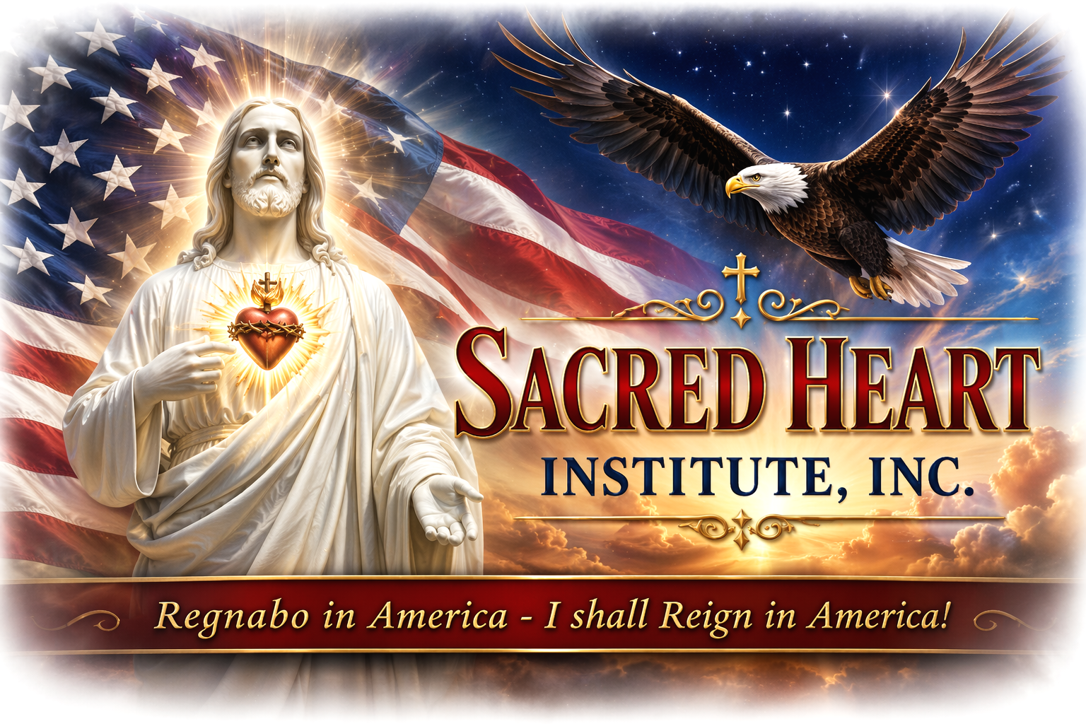 A religious-themed graphic featuring Jesus Christ with a glowing heart on his chest, an American flag in the background, a bald eagle flying, and the text "Sacred Heart Institute, Inc." with the phrase "Regnabo in America - I shall Reign in America!"