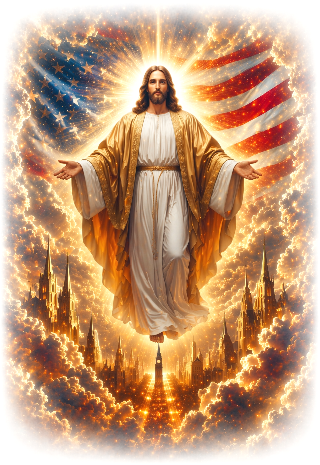 Jesus Christ depicted with open arms, glowing halo, and flowing robes, ascending above clouds and cityscape with illuminated spires and the American flag in the background.