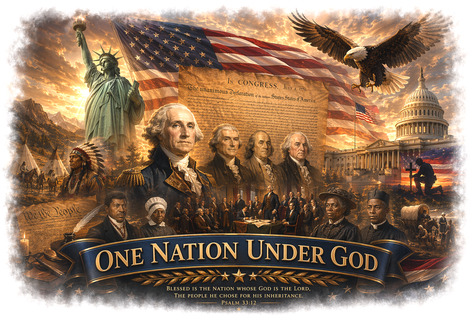A collage of American historical symbols including the Statue of Liberty, the U.S. Capitol, and the Declaration of Independence, with images of founding fathers, Native Americans, soldiers, and a bald eagle, under a dramatic sunset sky, with a banner reading ‘One Nation Under God’ and a quote from Psalm 33:12.