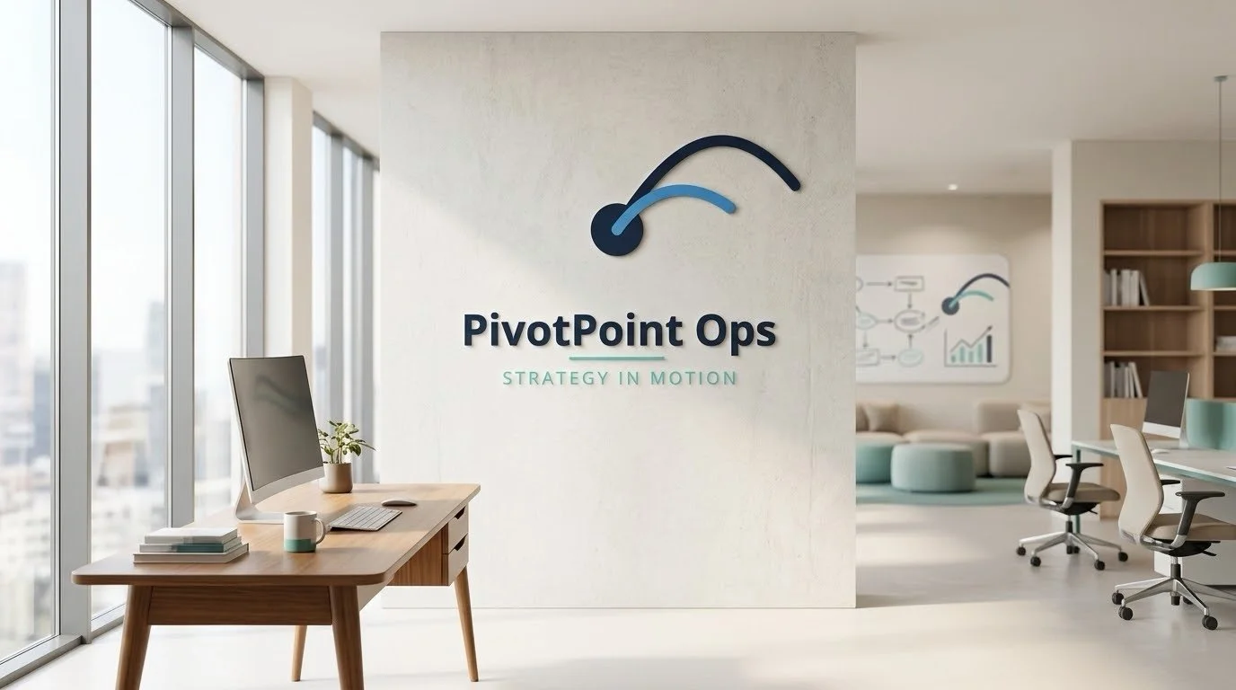 PivotPoint Ops brand illustration showing a bright modern office with the Strategy in Motion logo.