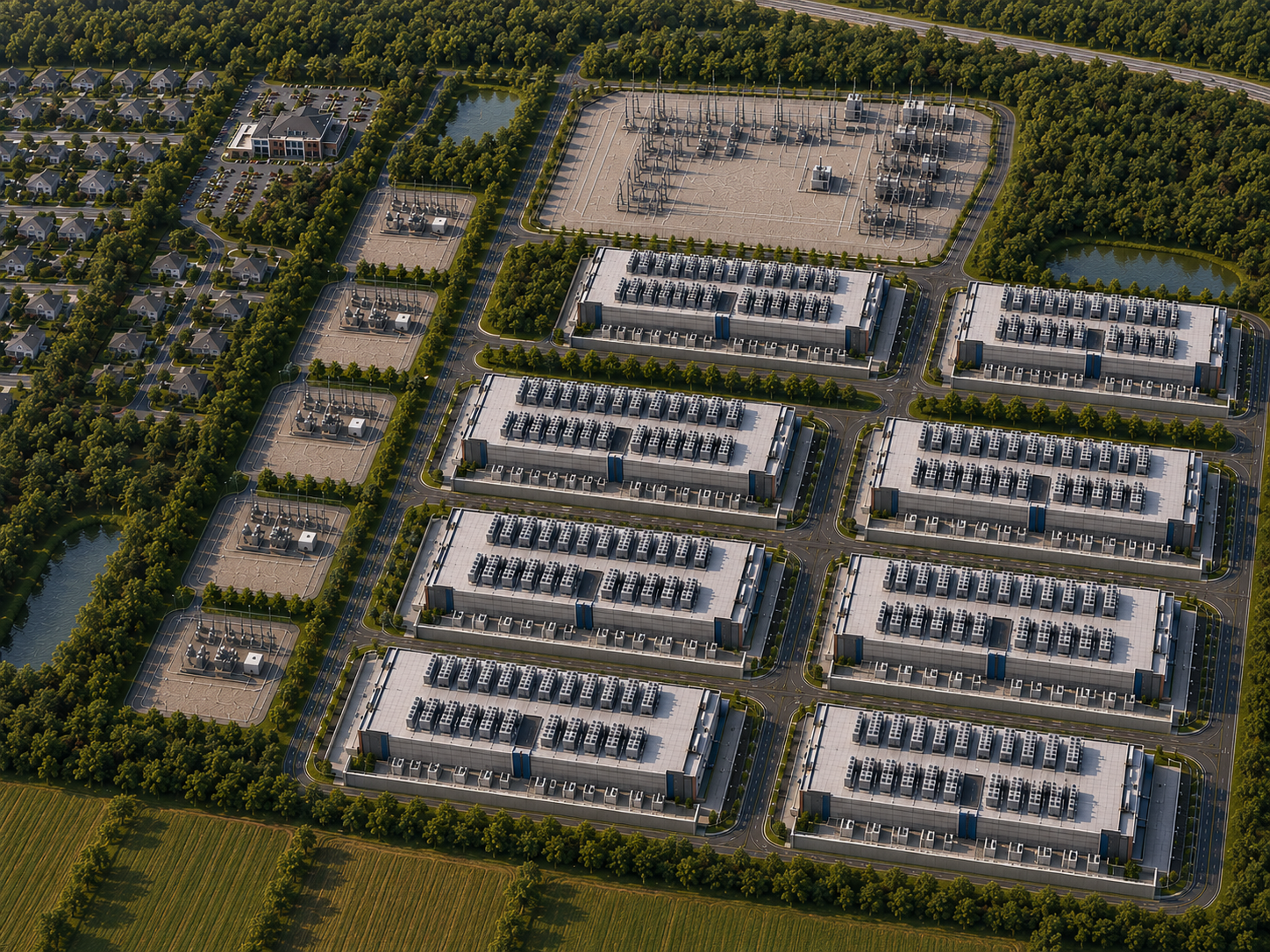 An aerial view of a large commercial building complex with solar panels on rooftops, surrounded by roads, trees, water bodies, and a nearby residential neighborhood.