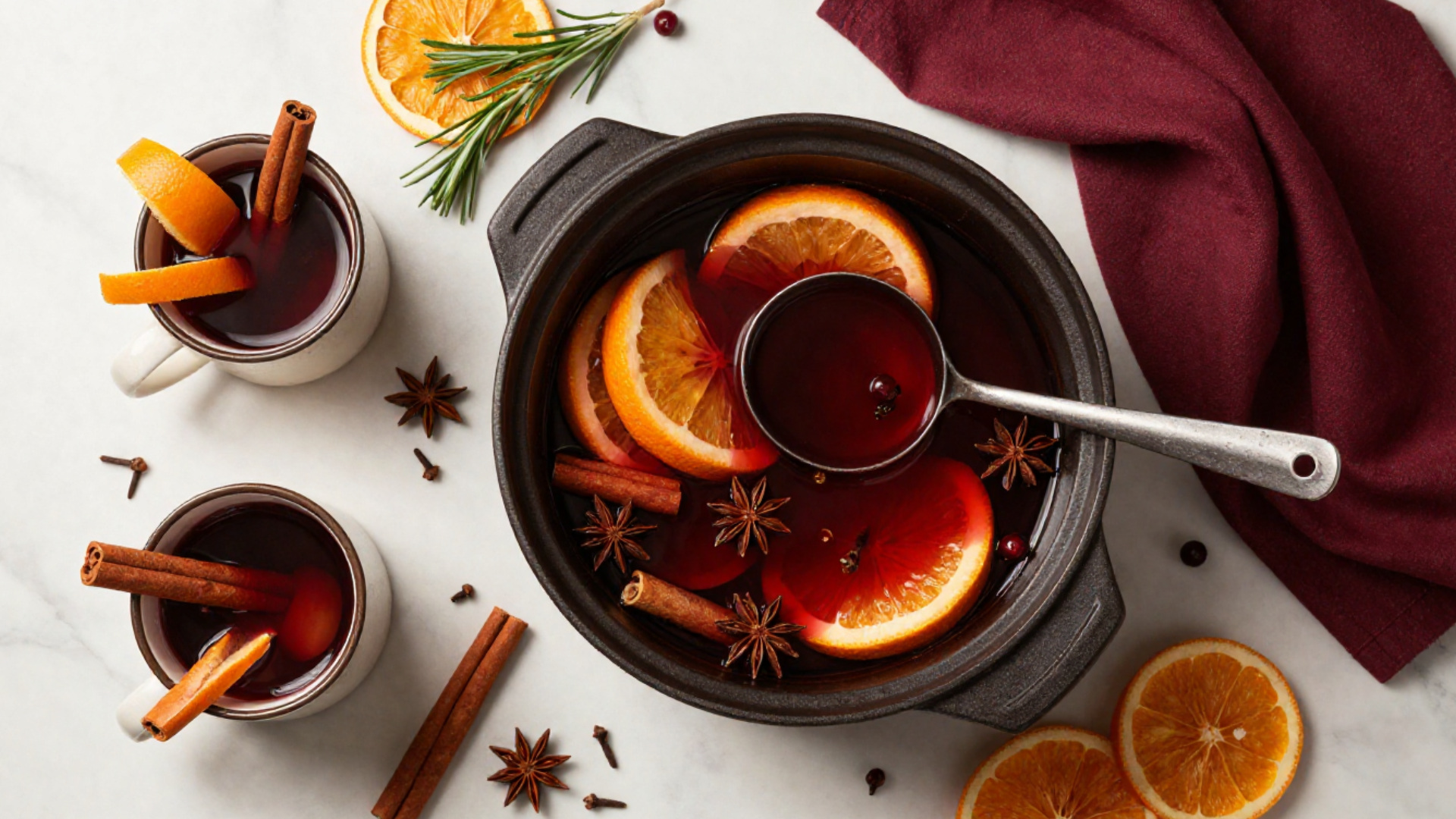 A black pot filled with mulled wine, orange slices, cinnamon sticks, and star anise, with two mugs of mulled wine decorated with orange slices and cinnamon sticks, all placed on a white surface with scattered spices and orange slices, and a burgundy cloth nearby.