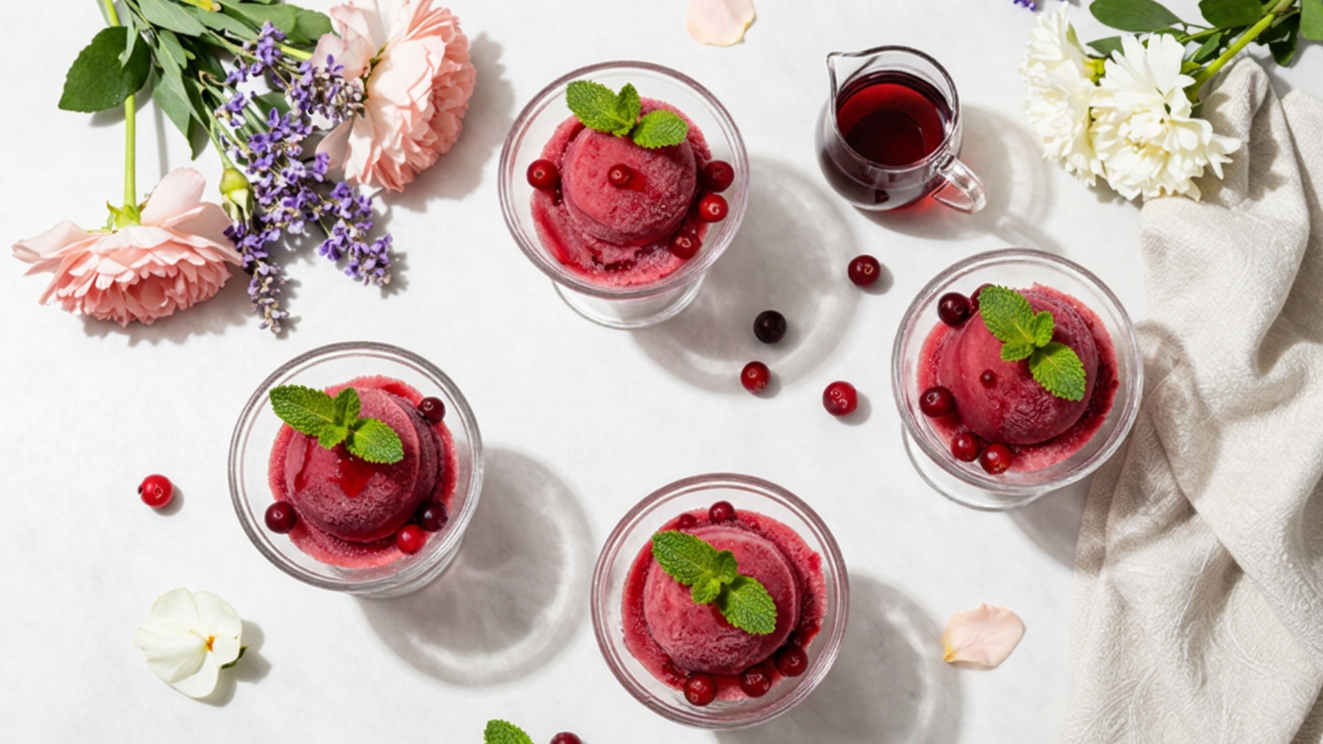 Four glasses of cranberry ice garnished with mint leaves, surrounded by cranberries, placed on a white surface with scattered flowers and petals.