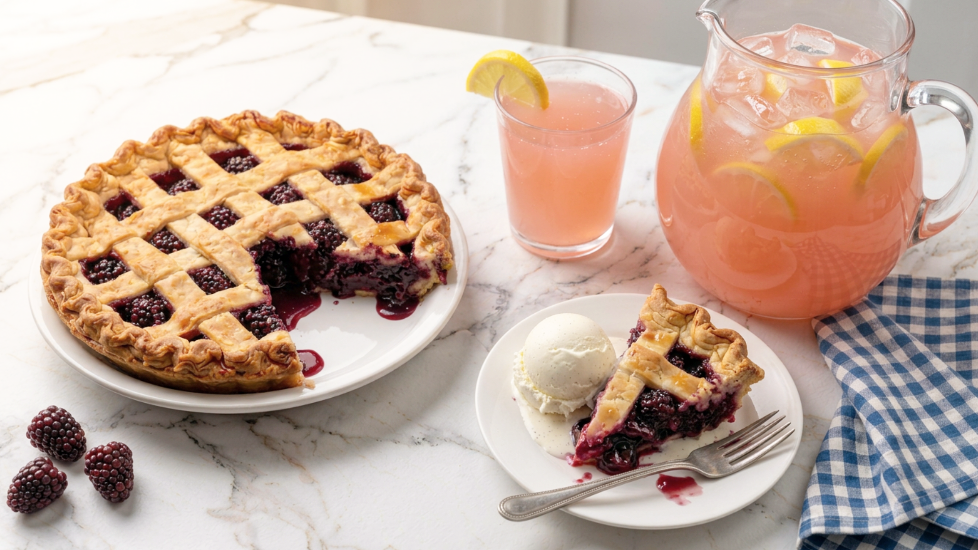 Boysenberry pie, pink lemonade, slice with ice cream, and blue checker napkin on a white marble counter