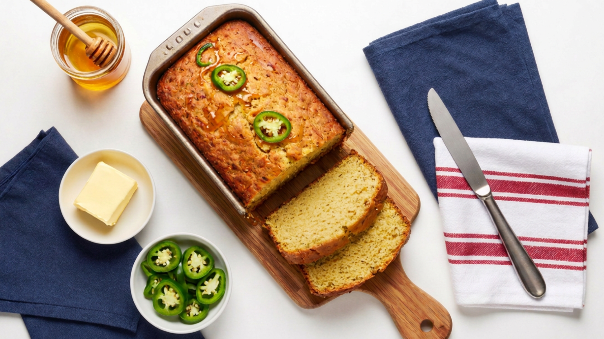 A loaf of homemade cornbread with slices cut and topped with sliced jalapeños on a wooden cutting board, with butter, honey, and blue and white dish towels nearby.