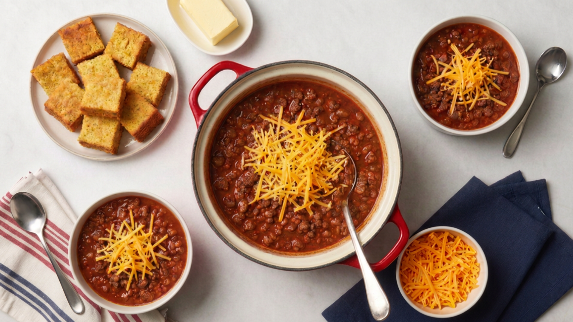 4th of July themed crockpot of chili with ladle, serving bowls topped with shredded cheese, cornbread and butter on the side, on marble countertop