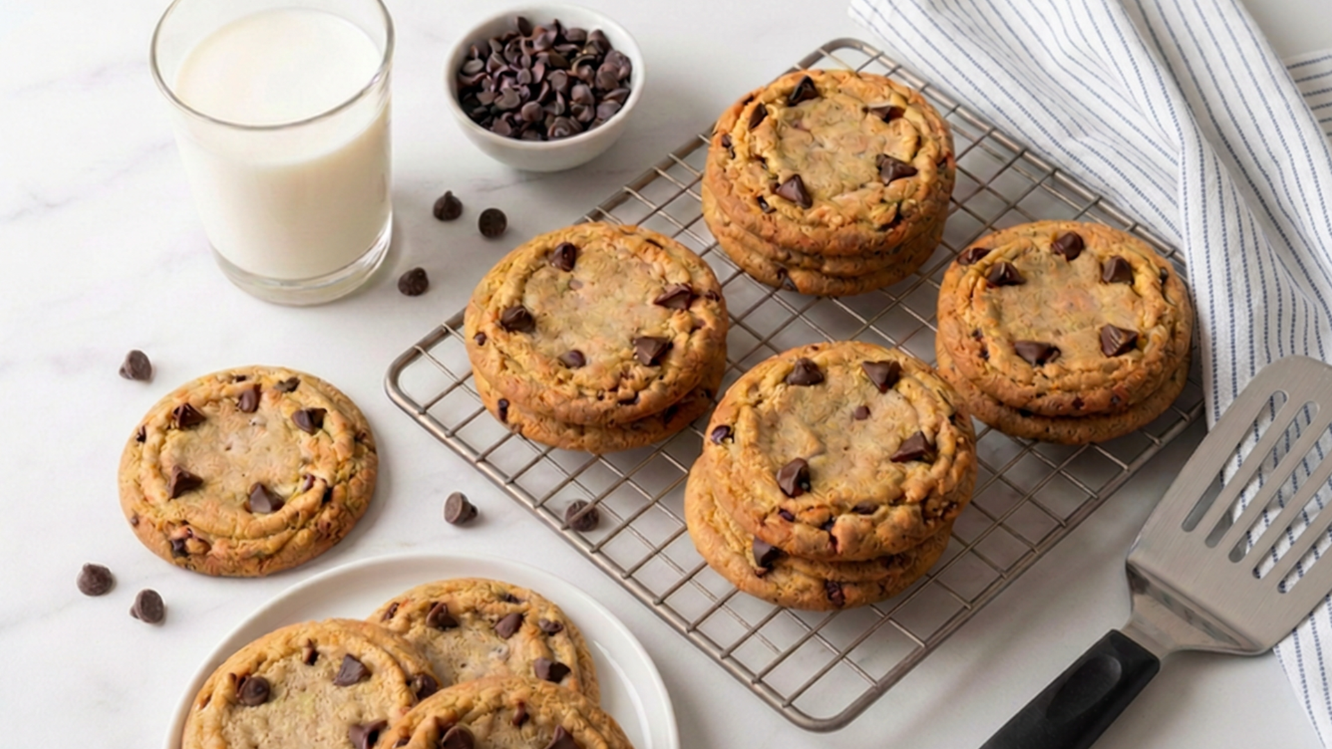 A tray of chocolate chip cookies cooling on a wire rack, with a glass of milk and a bowl of chocolate chips nearby on a white surface.