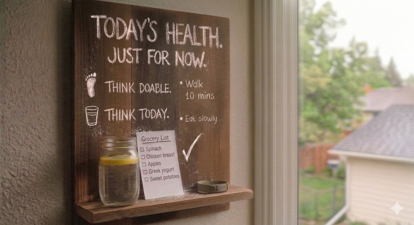 A wooden chalkboard with handwritten health tips, a grocery list, a glass jar with water and lemon slices, and a small device on a wooden shelf next to a window overlooking houses and trees.