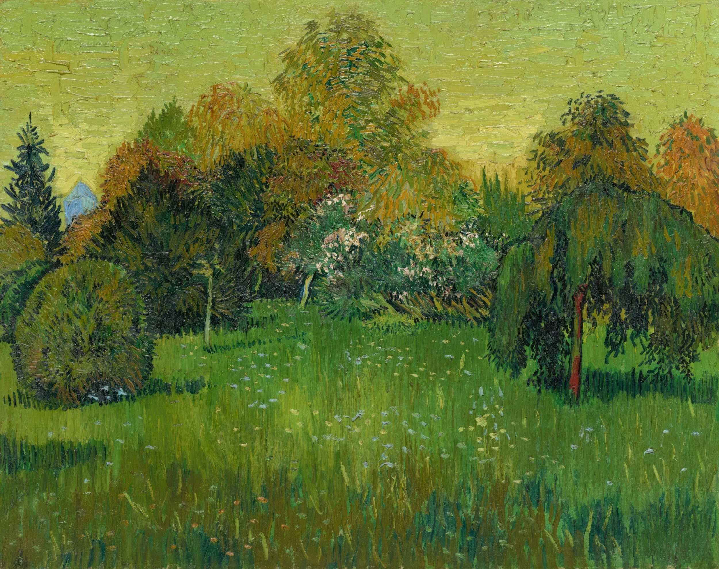 Impressionist painting of a lush green landscape with tall trees against a yellow sky.