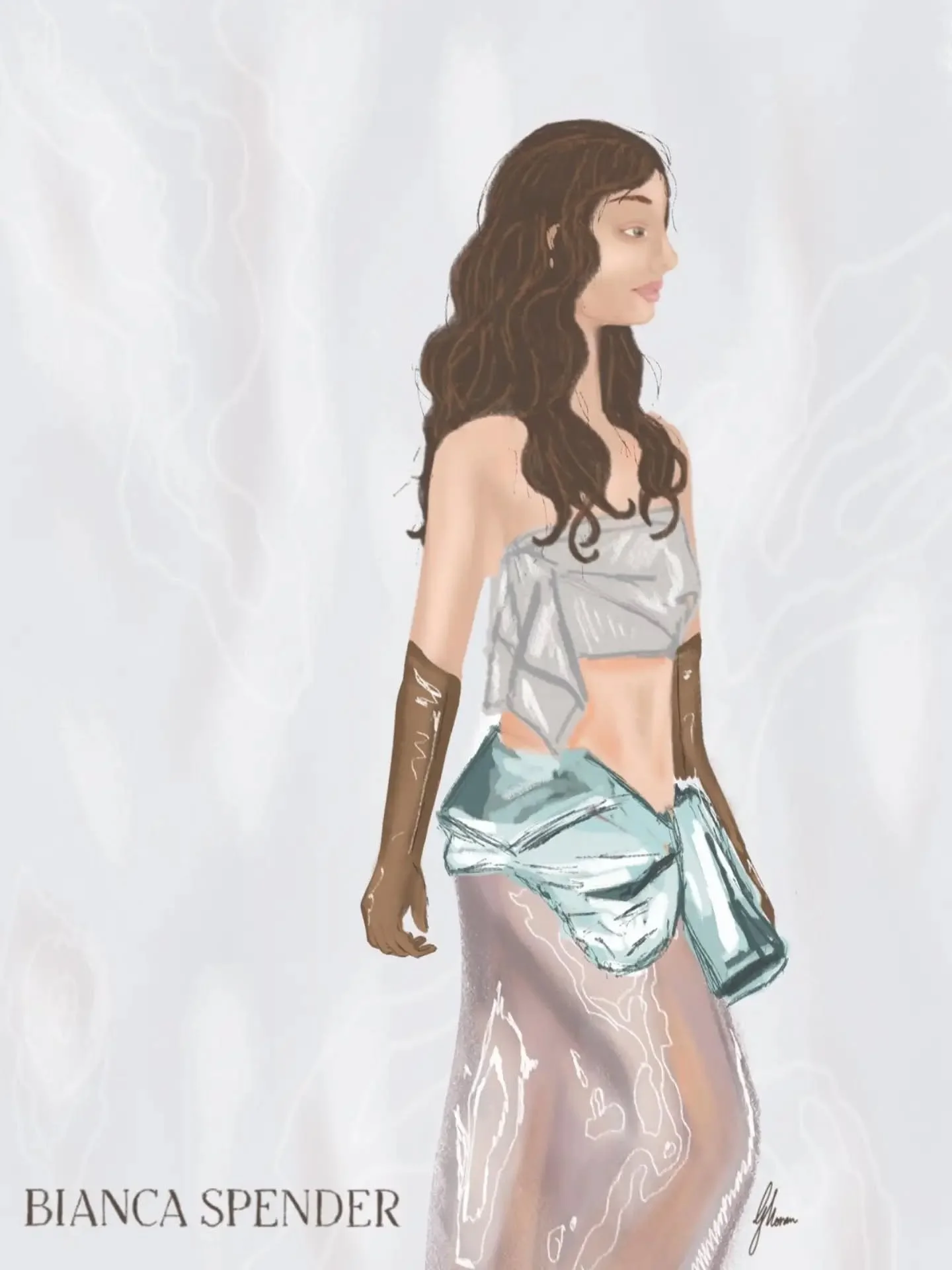 An illustration of @biancaspender Resort 27 Collection which showed at @afcaustralianfashionweek in May. Inspired by the work of sculptor Barbara Hepworth, this collection plays with freedom of form through flowing iridescent fabrics that mold to the