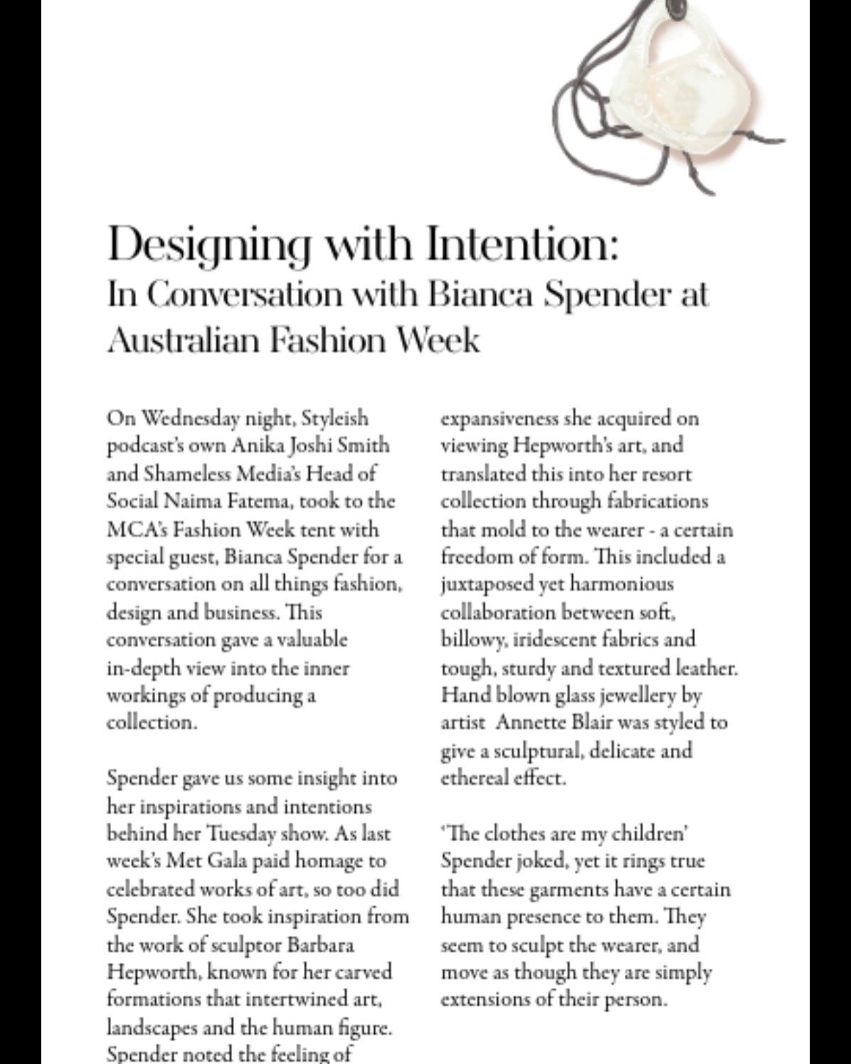 Designing with Intention - a feature on @biancaspender at Australian Fashion Week with @styleish podcast