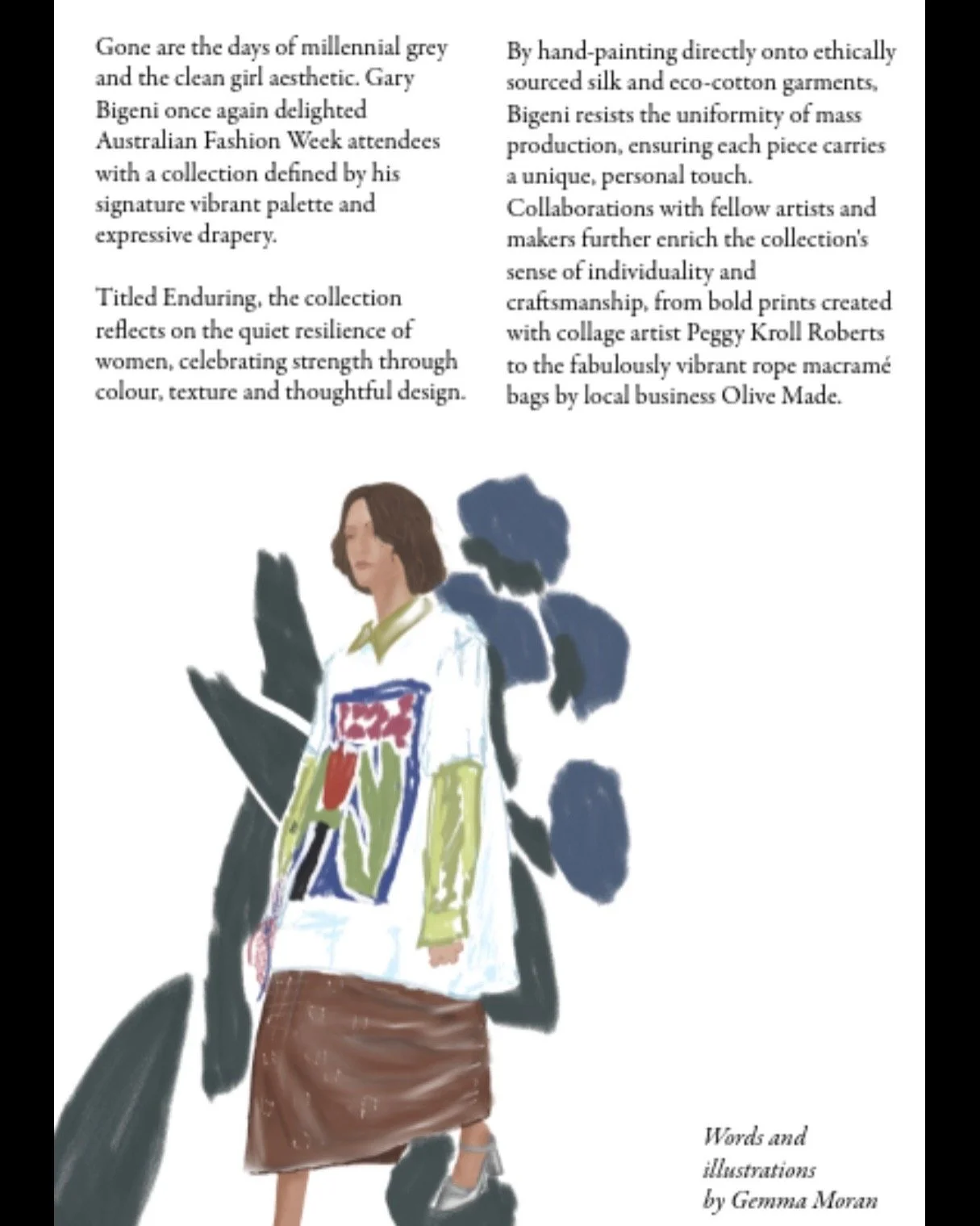 Feature illustrations on Gary Bigeni&rsquo;s Enduring Collection which showcased at Australian Fashion Week 2026