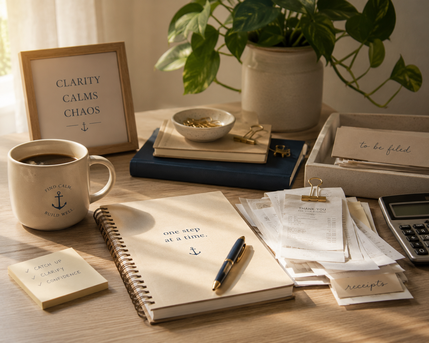 Organized bookkeeping workspace representing catch-up and cleanup bookkeeping services