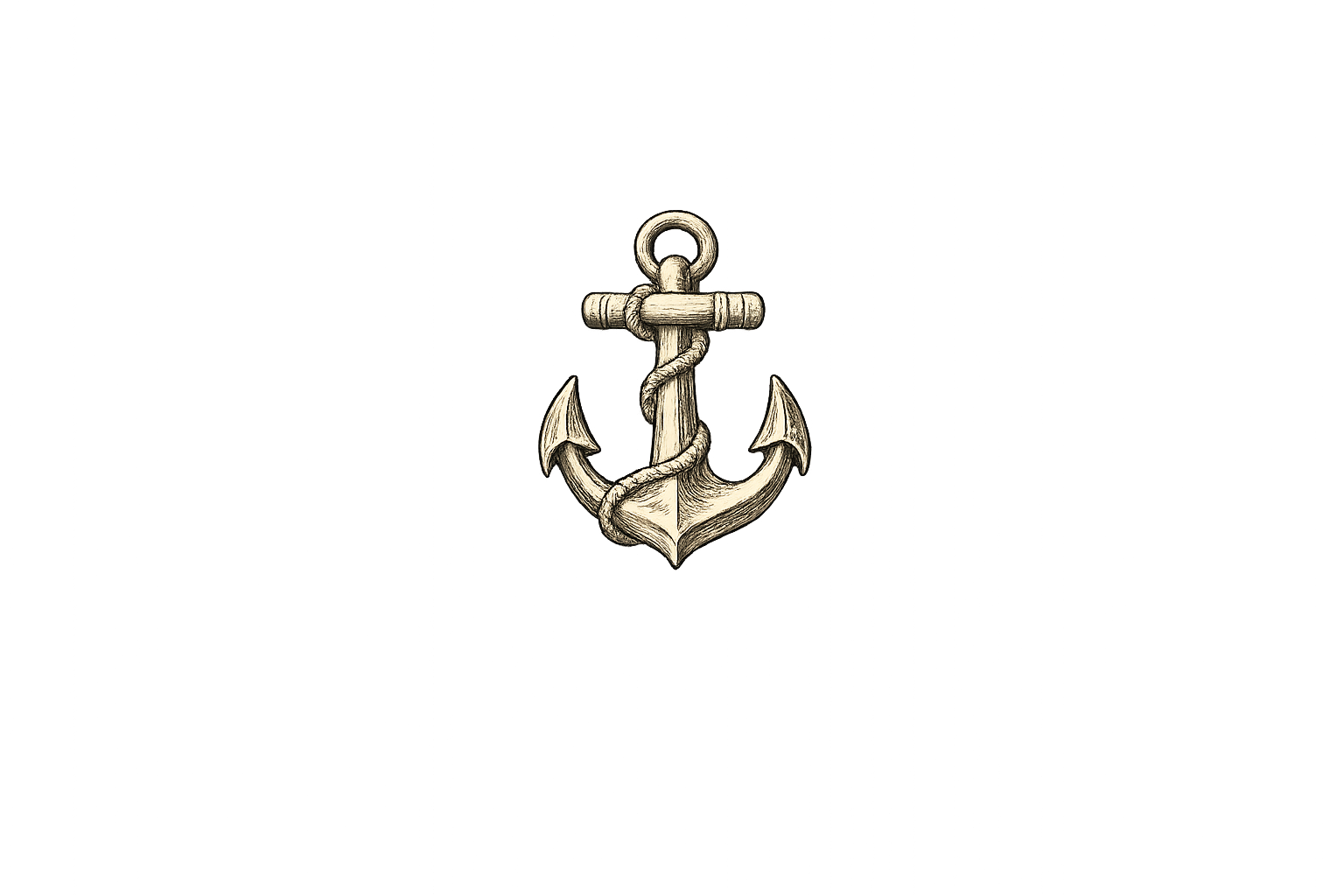 Detailed black and white illustration of an anchor wrapped with a rope, set against a black background.