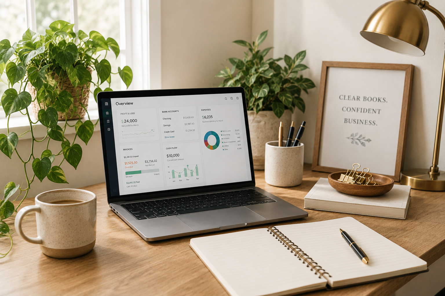 Calm home office workspace representing virtual bookkeeping and financial organization for small businesses