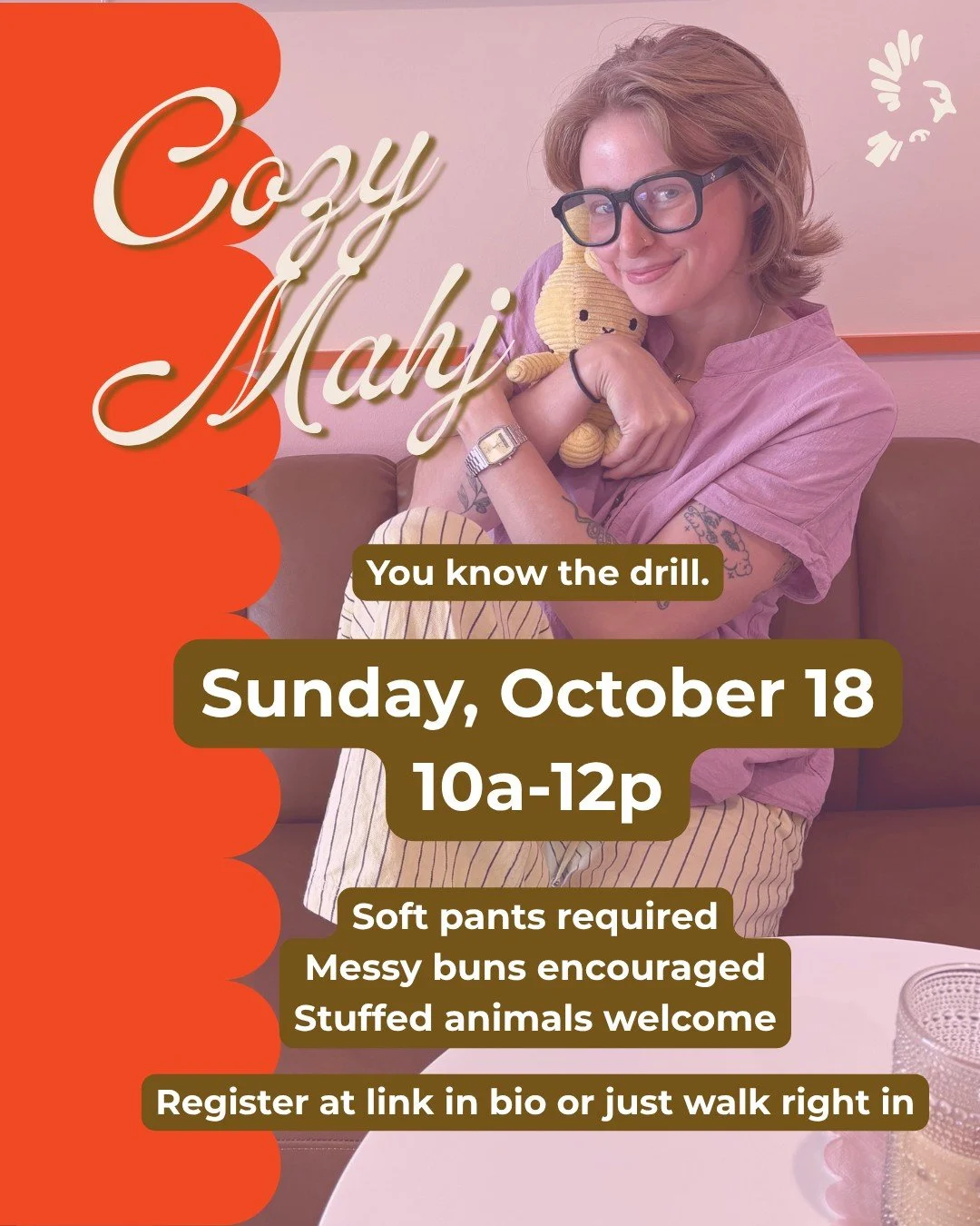 Come get cozy with us at One Bam Bird. Maddy has the coffee. You bring the fun! Register at onebambird.com/book-your-spot #mahjong #sunday #minnetonka #cozy