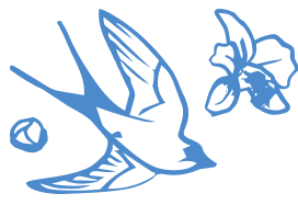 Blue illustration of a bird and flowers