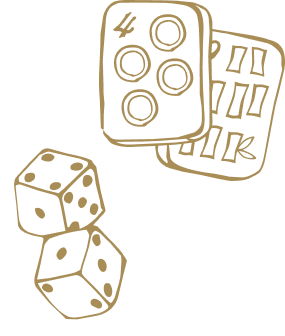 Brown illustration of two mahjong tiles and a pair of dice