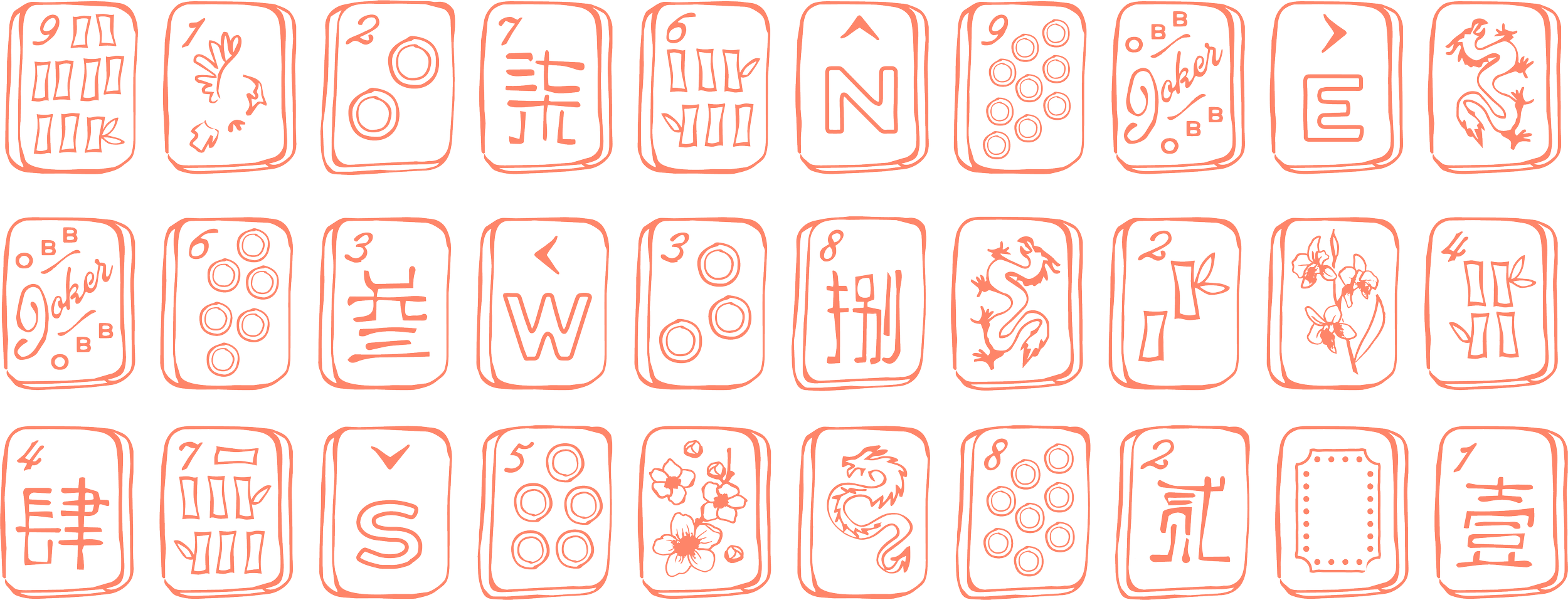Red illustration of a collection of mahjong tiles arranged in rows. The tiles feature traditional Chinese characters, numbers, and symbols, including dragons, flowers, and bamboo.