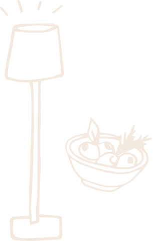 Cream illustration of a tall lamp next to a bowl of snacks