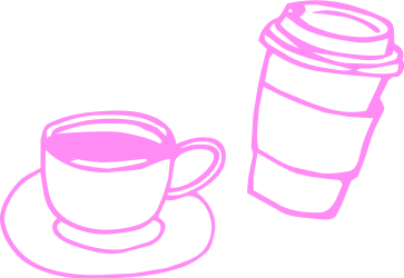Pink illustration of a coffee cup and a to-go coffee cup