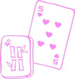 Pink illustration of a four bam mahjong tile against a five of hearts playing card