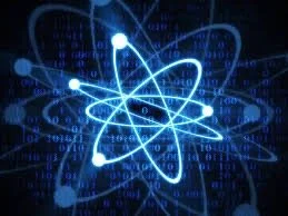 Digital illustration of an atom with glowing electrons orbiting the nucleus, set against a dark blue background with binary code.
