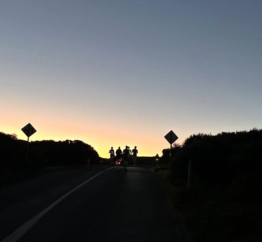 A group of people walking along a road at sunset or sunrise with the sky in gradient shades of blue and orange, surrounded by bushes and road signs.