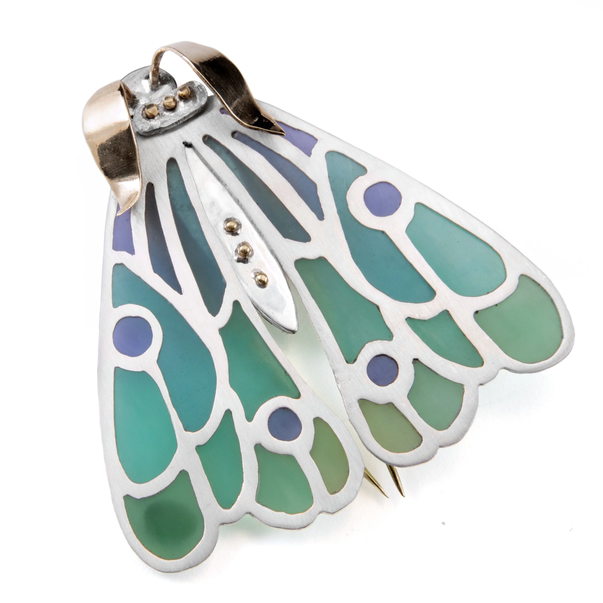 Lepidoptera Brooch, 2026, Sterling silver, Brass, UV enamel