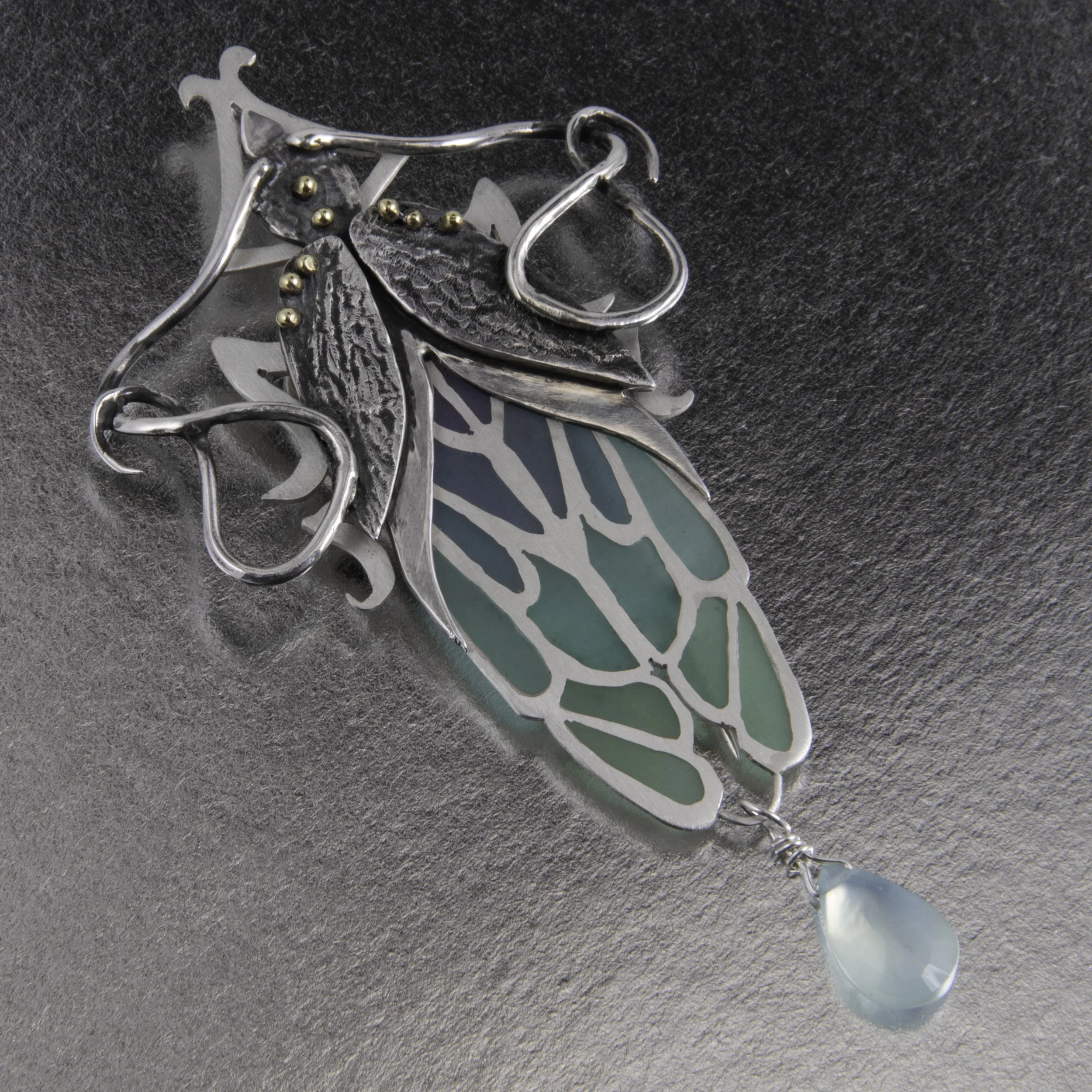 Coleoptera Brooch, 2025, Sterling silver, Brass, Chrysoprase $ UV Enamel