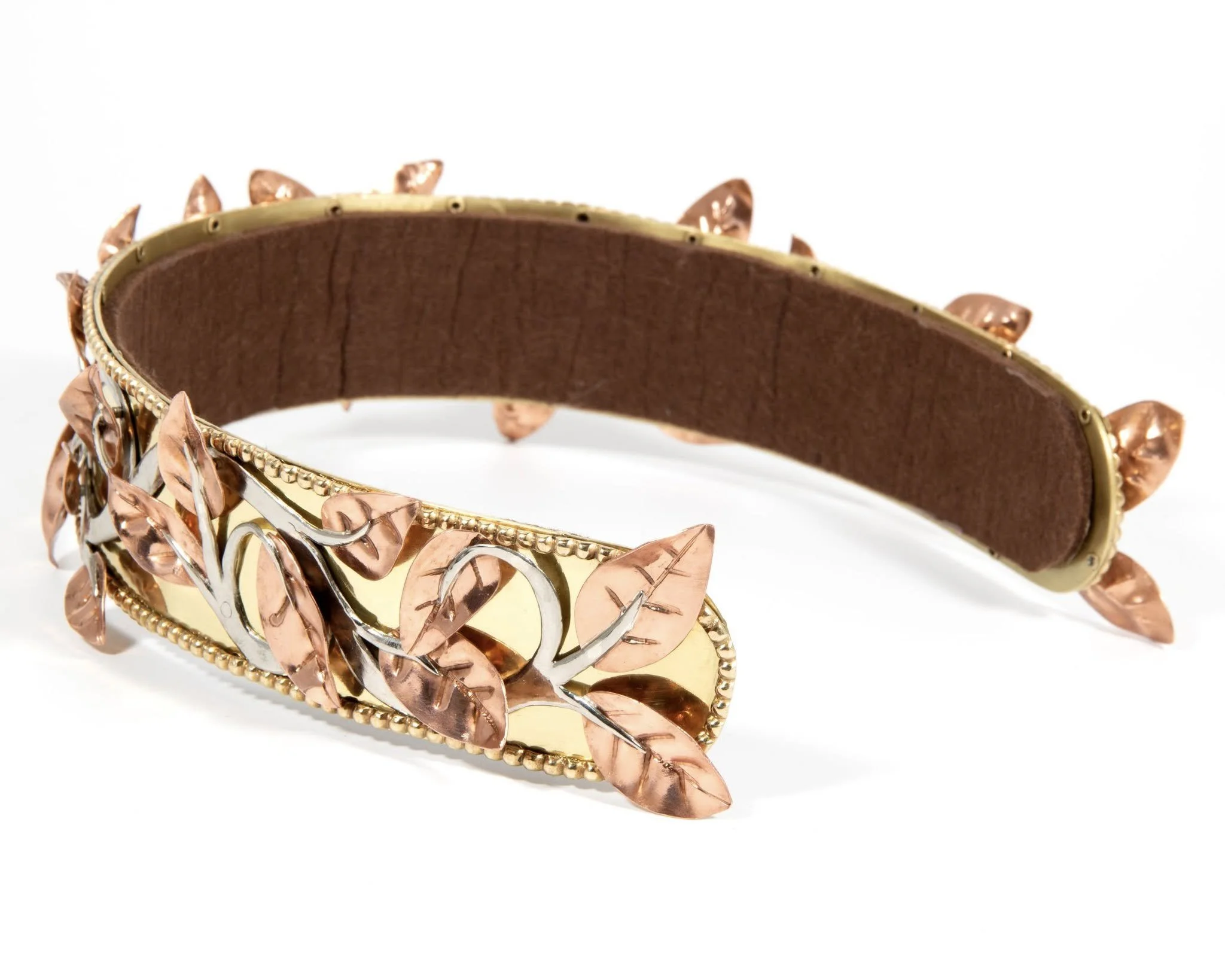 Laurel for Zhigmun', 2024, Brass, Nickel, Copper, Sterling silver, Lapis & Felt