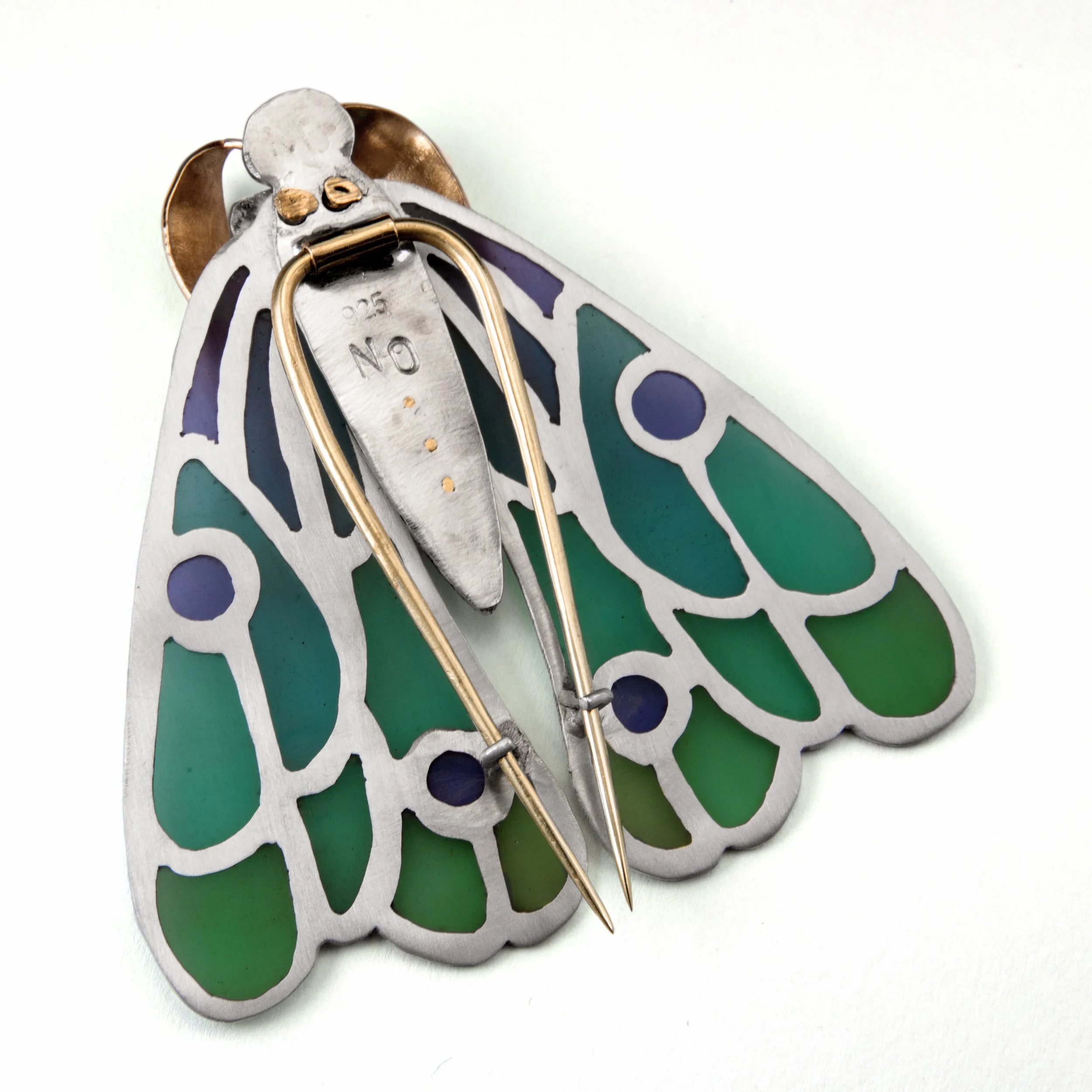 Lepidoptera Brooch, 2026, Sterling silver, Brass, UV enamel