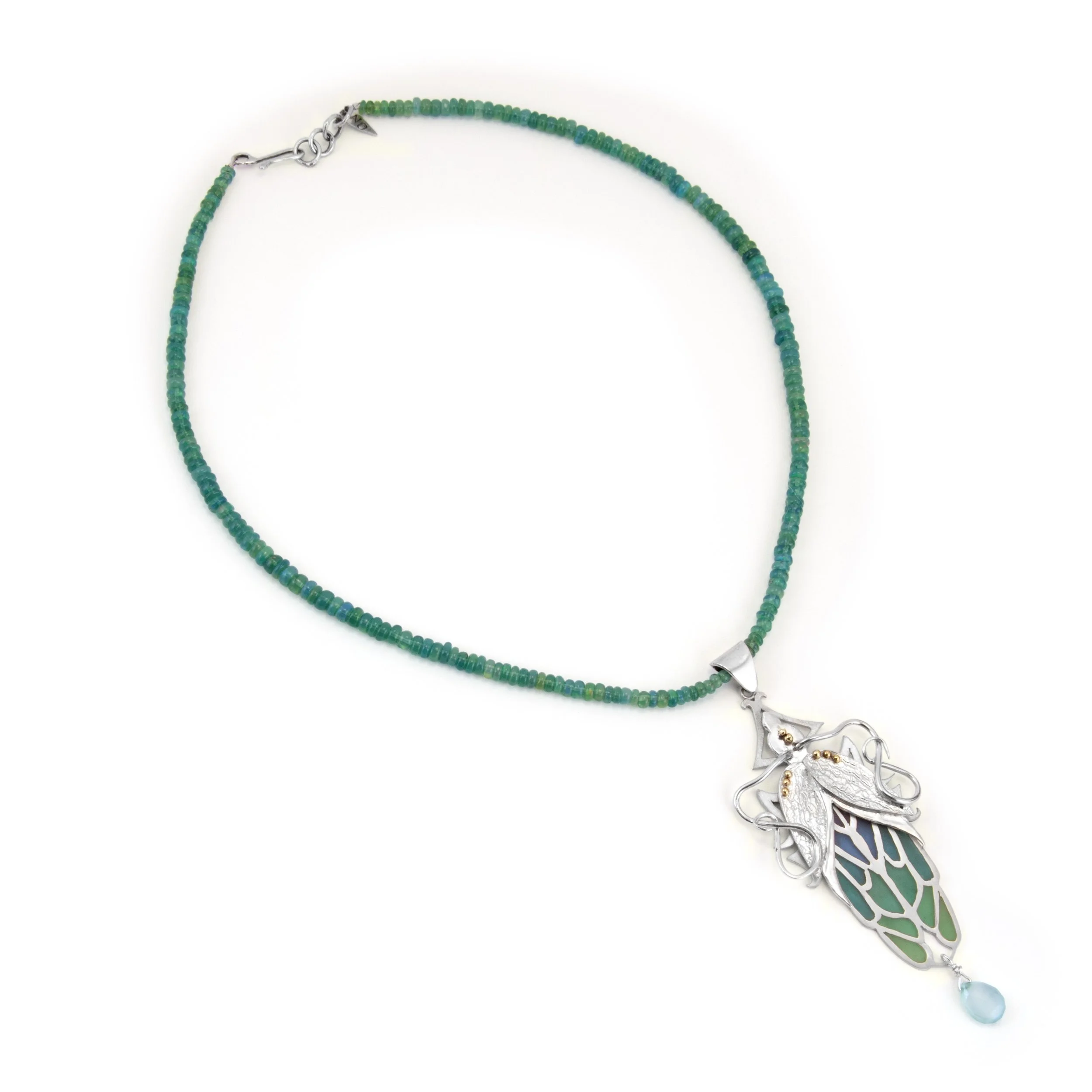 Coleoptera Necklace, 2026, Sterling silver, Brass, Ethiopian opal, Chrysoprase & UV Enamel
