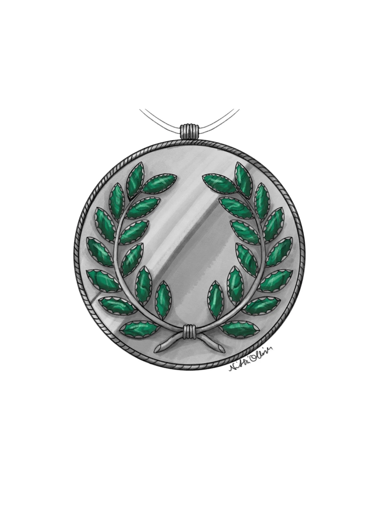 Malachite Laurel Pendant Design, 2022, Digital Illustration