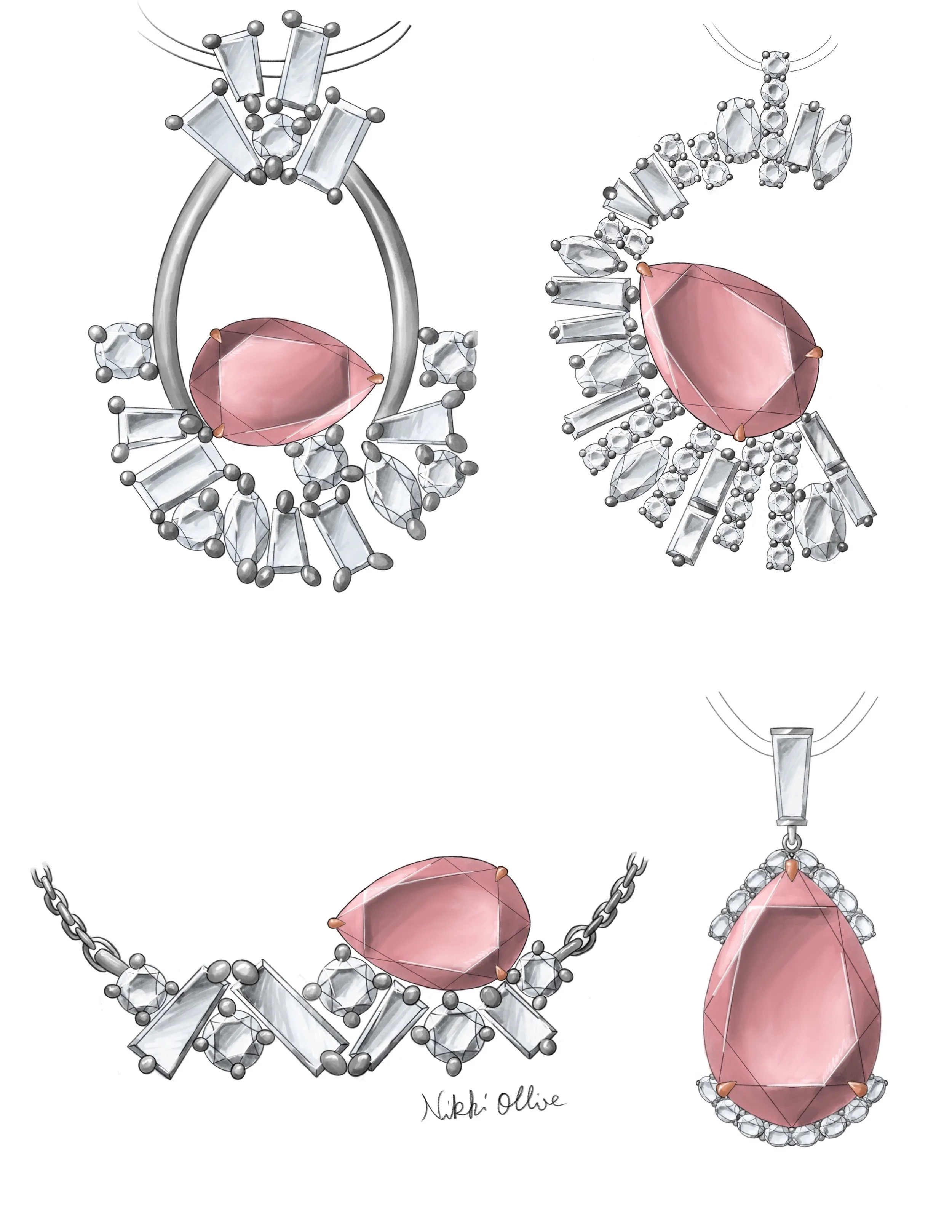 Diamond  & Pink Sapphire Pendant Options, 2023, Digital Illustration