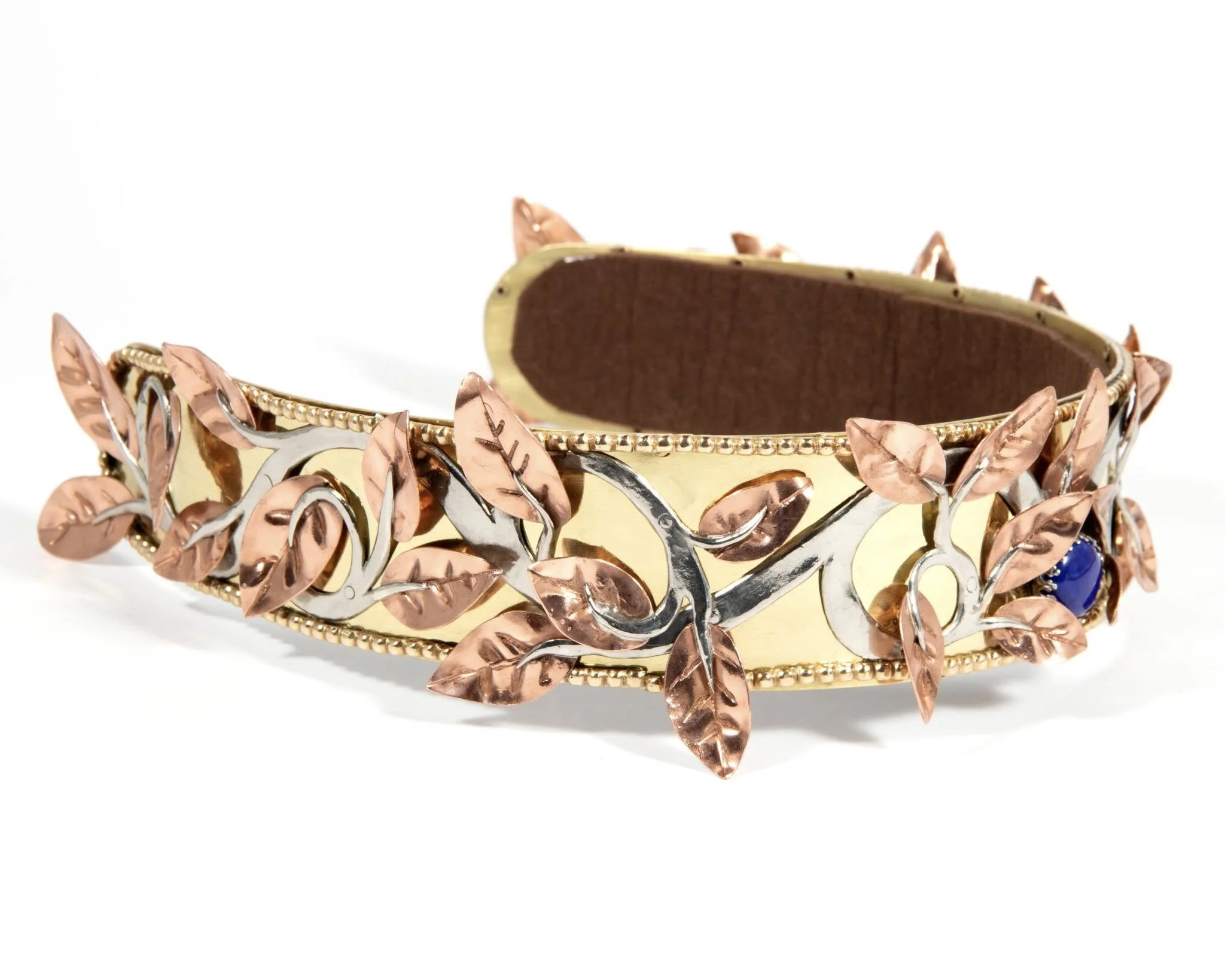 Laurel for Zhigmun', 2024, Brass, Nickel, Copper, Sterling silver, Lapis & Felt
