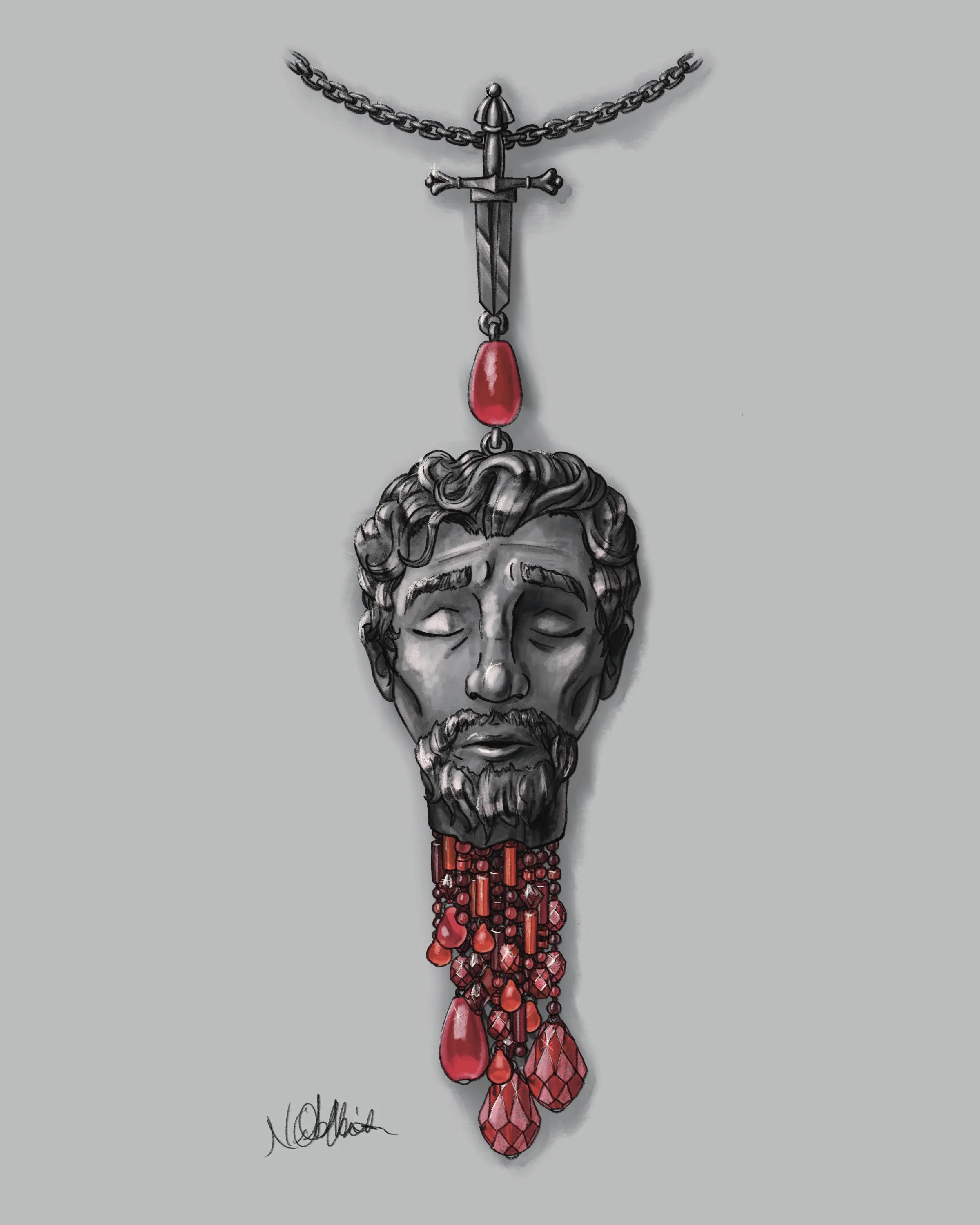 Holofernes After Gentileschi Necklace Design, 2025, Digital illustration