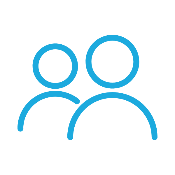 Icon of two stylized people, one larger and one smaller, representing an adult and a child, in blue outline on a black background.