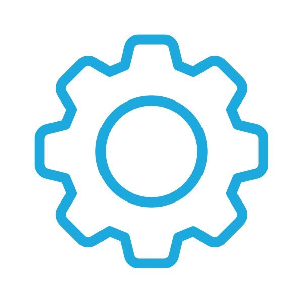 Blue gear icon on a black background.