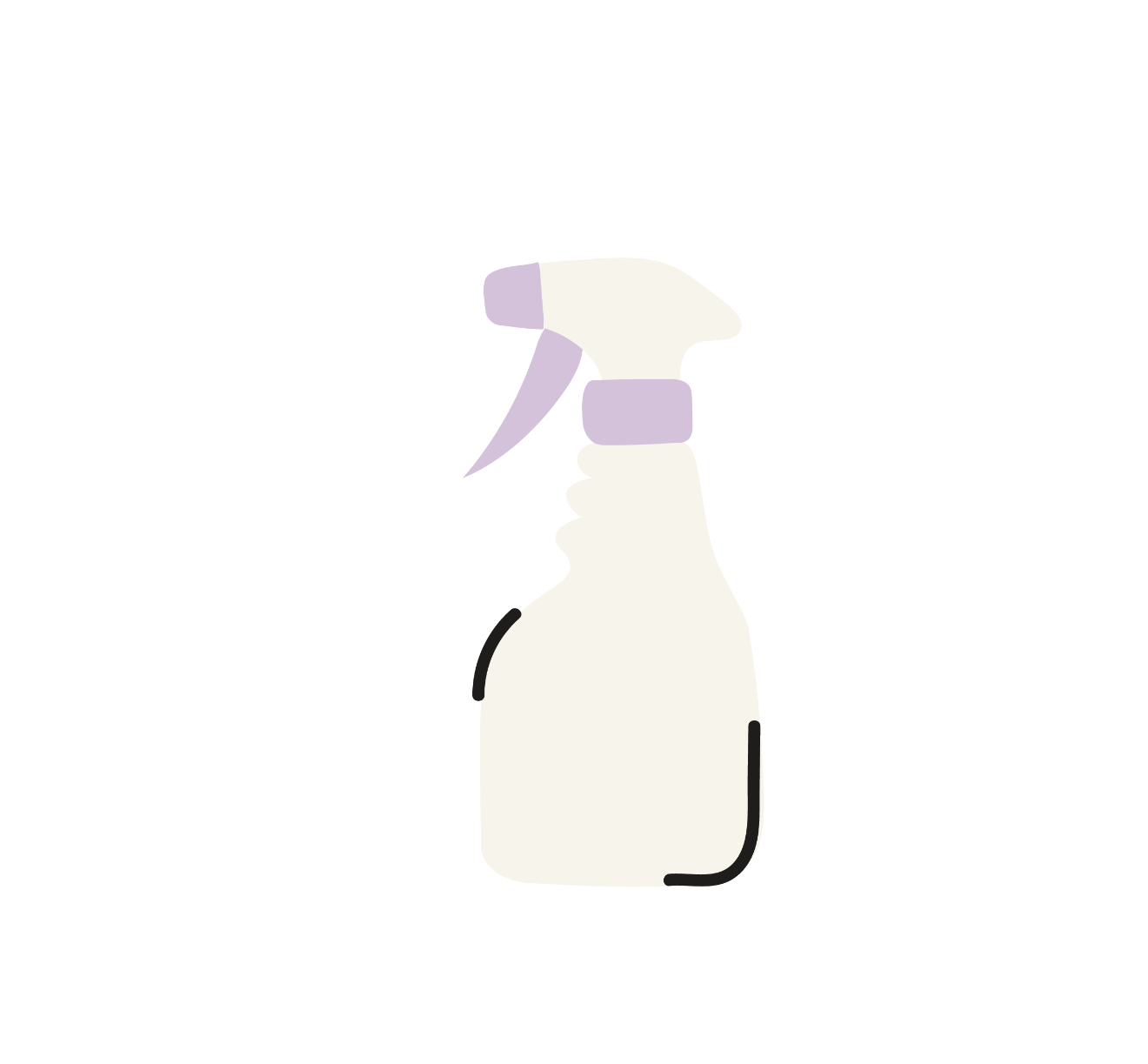 Illustration of a white spray bottle with a purple trigger and nozzle, and sparkles near the nozzle.