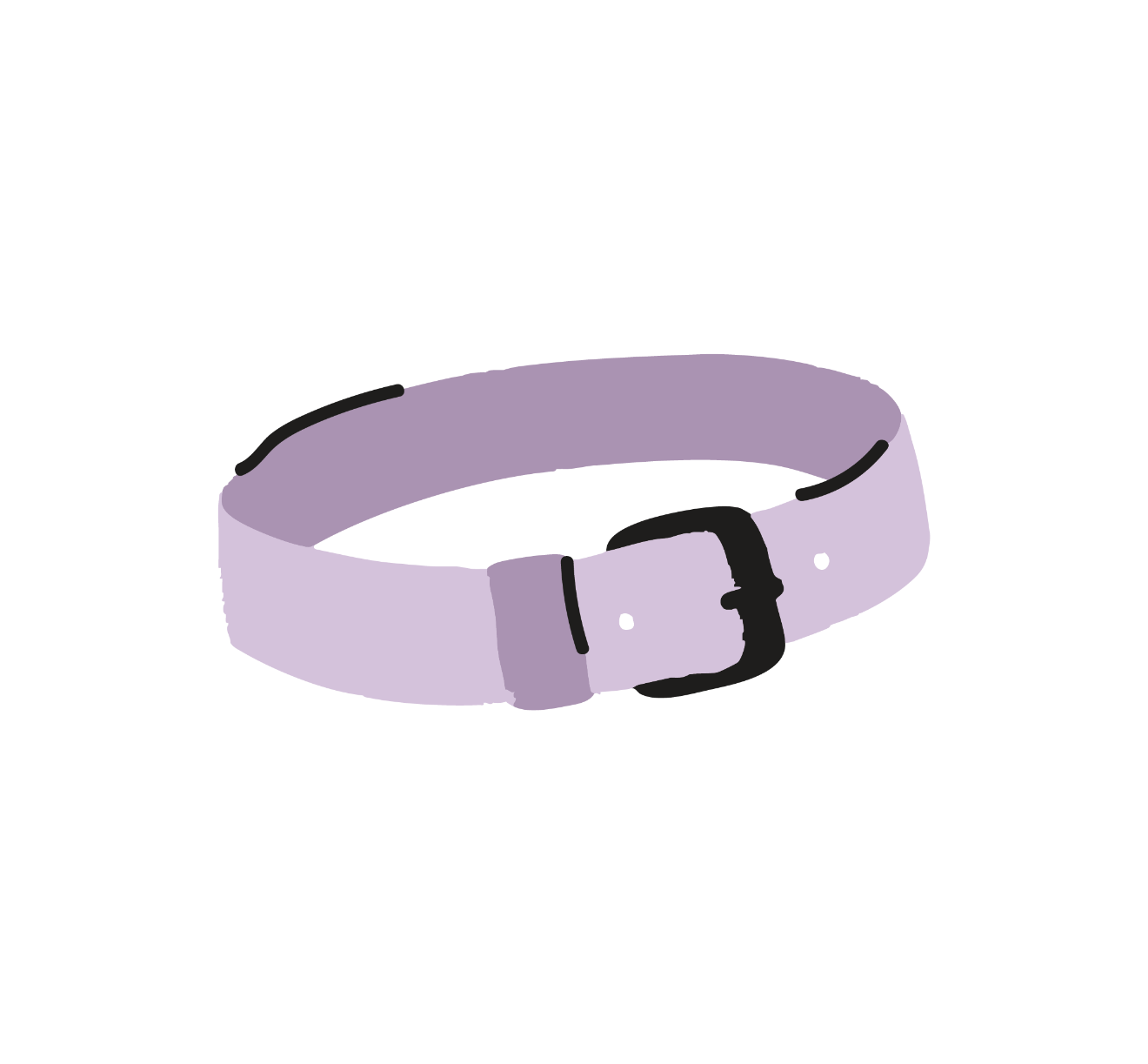 A digital illustration of a light purple pet collar with a black buckle and a small black ring for attaching a tag.