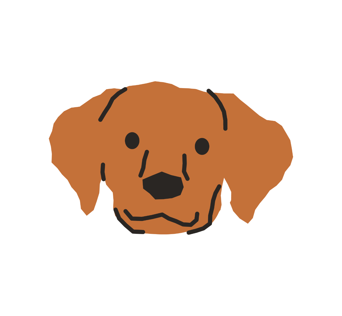 Cartoon drawing of a brown dog with floppy ears, black eyes, and a black nose, smiling.