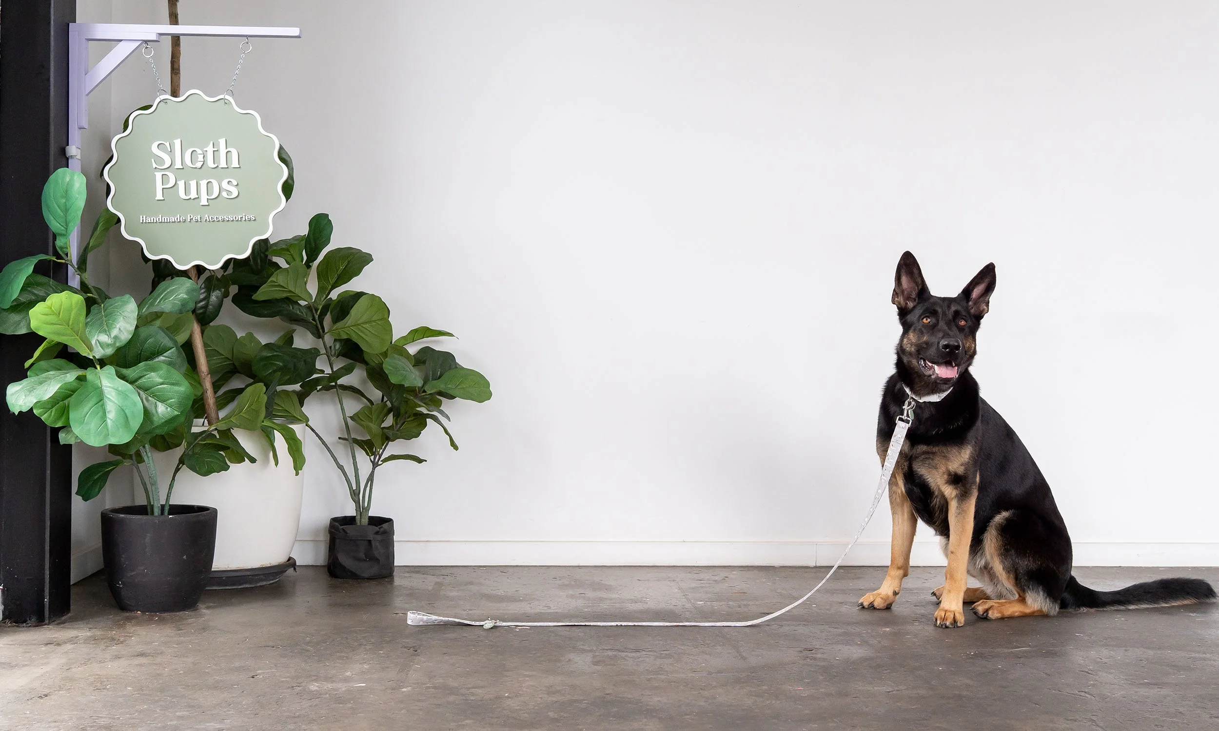 A black and tan German Shepherd dog sitting on a concrete floor next to houseplants, with a white wall in the background. A sign reading 'Slath Pups Handmade Pet Accessories' is hanging on the wall.